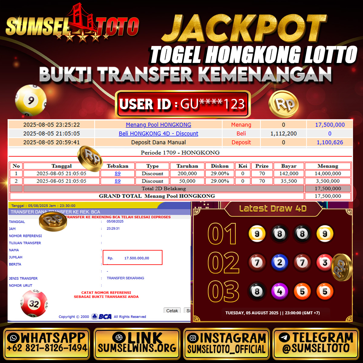 SUMSELTOTO JACKPOT HONGKONG LOTTO Rp.17,500,000.,- LUNAS